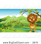 Big Cat Vector Clipart of a Male Lion by a Valley Stream by