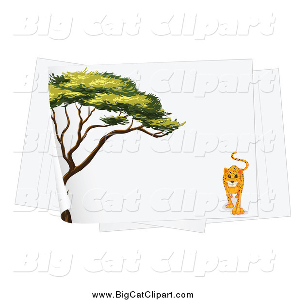 Big Cat Cartoon Vector Clipart of a Acacia Tree and Leopard on a Piece of Paper
