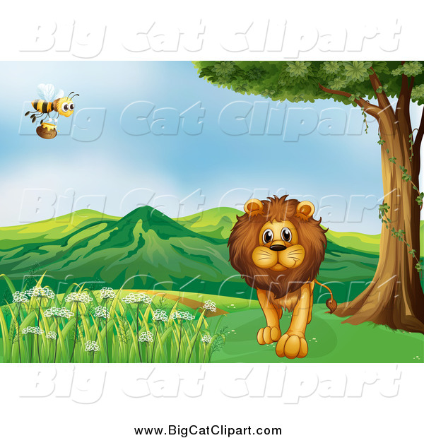 Big Cat Cartoon Vector Clipart of a Bee Flying over a Male Lion near a Path
