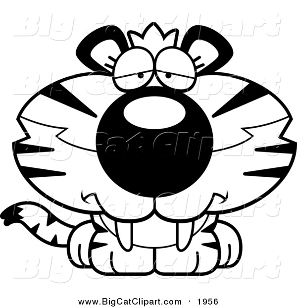 Big Cat Cartoon Vector Clipart of a Black and White Cute Depressed Tiger Cub
