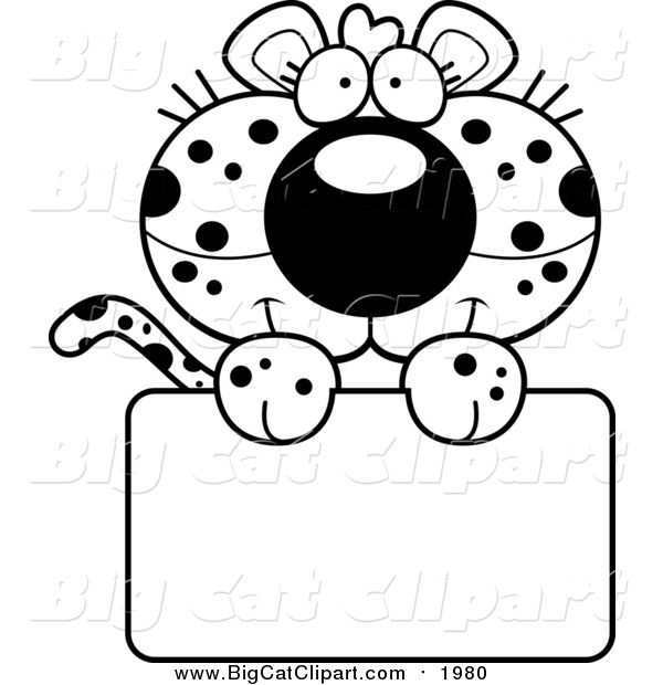 Big Cat Cartoon Vector Clipart of a Black and White Cute Leopard Cub over a Sign