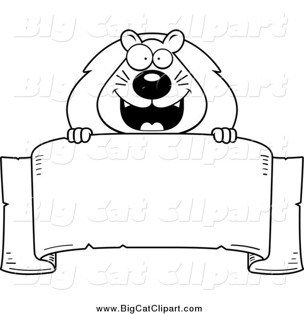 Big Cat Cartoon Vector Clipart of a Black and White Happy Lion over a Banner