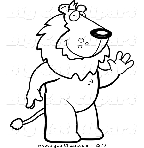 Big Cat Cartoon Vector Clipart of a Black and White Lineart Friendly Lion Standing and Waving