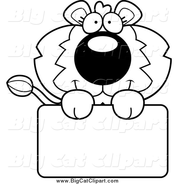 Big Cat Cartoon Vector Clipart of a Black and White Lion Holding a Sign