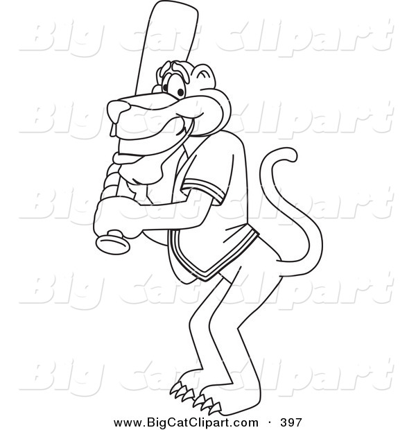 Big Cat Cartoon Vector Clipart of a Black and White Outline of a Panther Character Mascot Playing Baseball