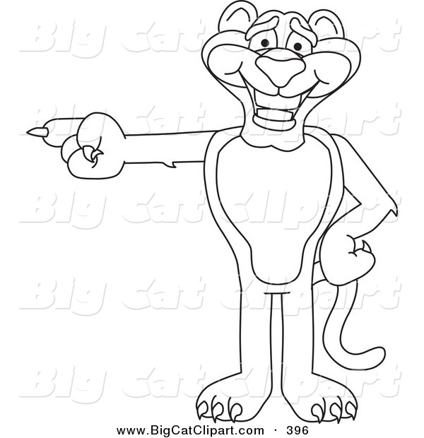 Big Cat Cartoon Vector Clipart of a Black and White Outline of a Panther Character Mascot Pointing Left