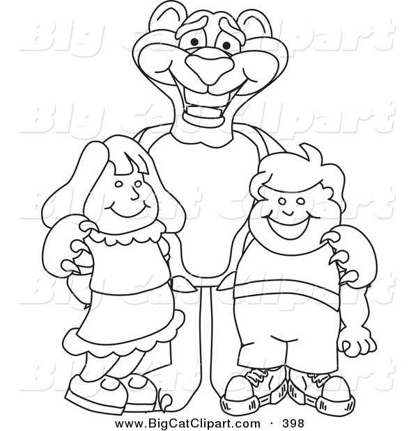 Big Cat Cartoon Vector Clipart of a Black and White Outline of a Panther Character Mascot with Children