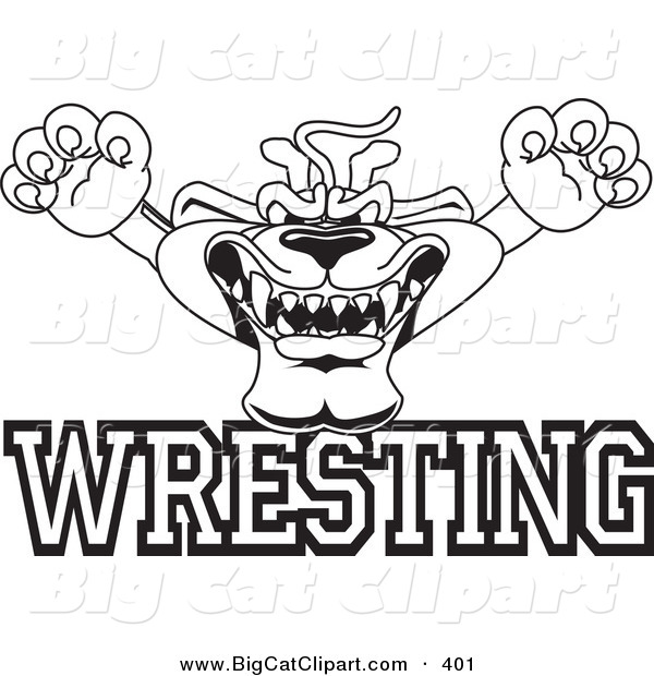 Big Cat Cartoon Vector Clipart of a Black and White Outline of a Panther Character Mascot with Wrestling Text