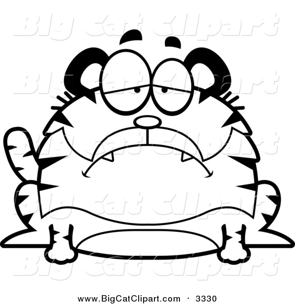 Big Cat Cartoon Vector Clipart of a Black and White Sad Chubby Tiger