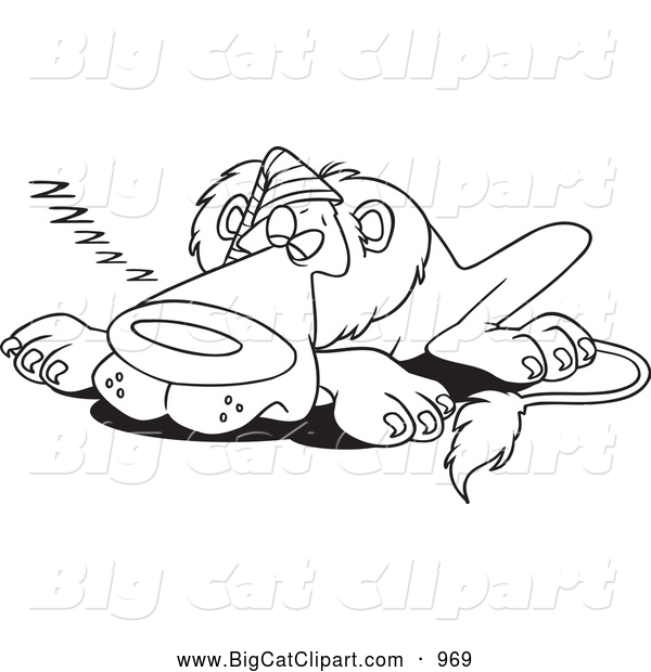 Big Cat Cartoon Vector Clipart of a Black and White Sleeping Lion Wearing a Cap