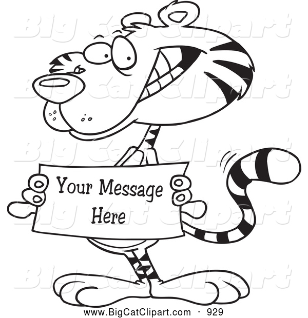 Big Cat Cartoon Vector Clipart of a Black and WHite Tiger Holding a Sign with Sample Text