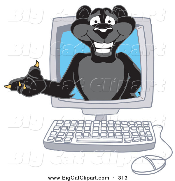 Big Cat Cartoon Vector Clipart of a Black Jaguar Mascot Character in a Computer Monitor