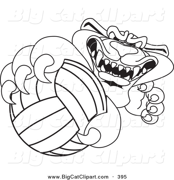 Big Cat Cartoon Vector Clipart of a Black Outline of a Panther Character Mascot Grabbing a Volleyball