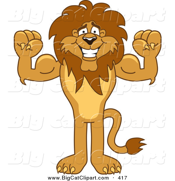 Big Cat Cartoon Vector Clipart of a Bodybuilder Lion Character Mascot Flexing