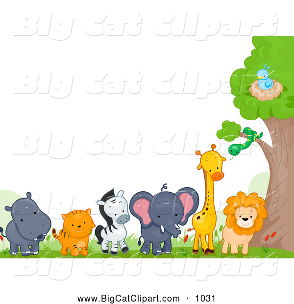 Big Cat Cartoon Vector Clipart of a Border of Cute Wild Animals