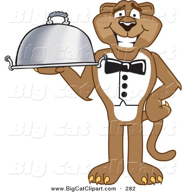Big Cat Cartoon Vector Clipart of a Brown Cougar Mascot Character Serving a Platter