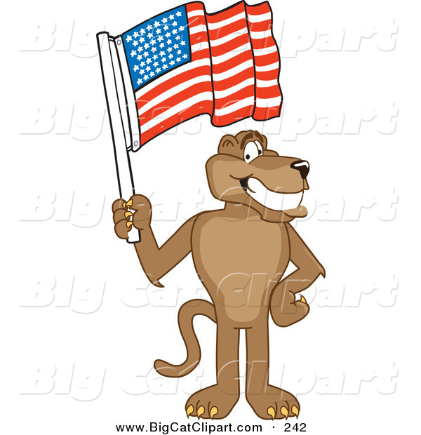 Big Cat Cartoon Vector Clipart of a Brown Cougar Mascot Character Waving an American Flag