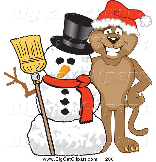 Big Cat Cartoon Vector Clipart of a Brown Cougar Mascot Character with a Snowman