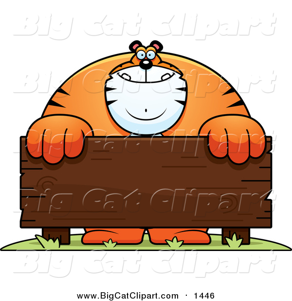 Big Cat Cartoon Vector Clipart of a Buff Tiger and a Wooden Sign
