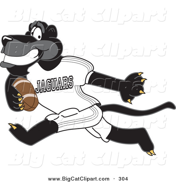 Big Cat Cartoon Vector Clipart of a Cheerful Black Jaguar Mascot Character Running with a Football