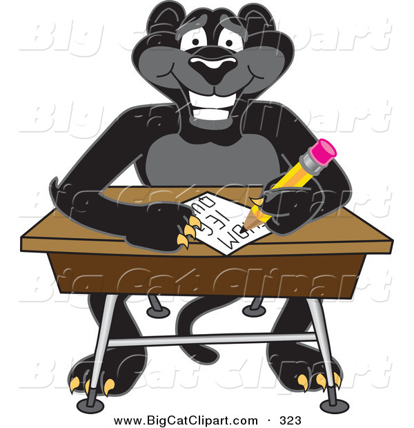 Big Cat Cartoon Vector Clipart of a Cheerful Black Jaguar Mascot Character Taking a Quiz