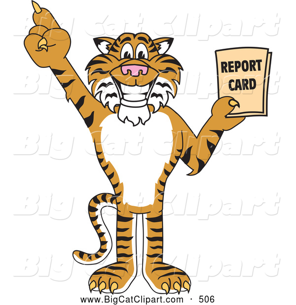 Big Cat Cartoon Vector Clipart of a Cheerful Tiger Character School Mascot Holding a Report Card
