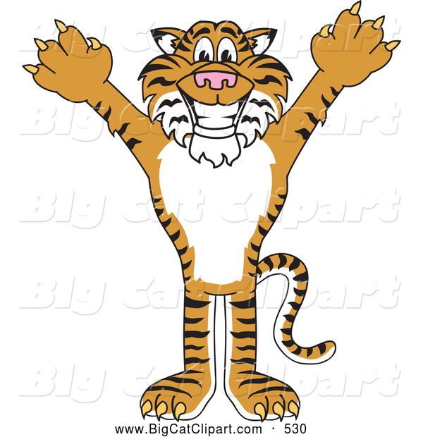 Big Cat Cartoon Vector Clipart of a Cheerful Tiger Character School Mascot Holding His Arms up
