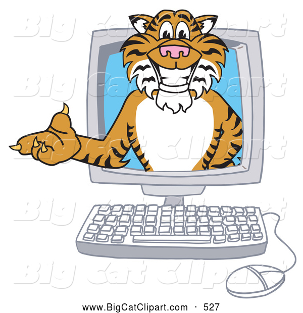 Big Cat Cartoon Vector Clipart of a Cheerful Tiger Character School Mascot in a Computer