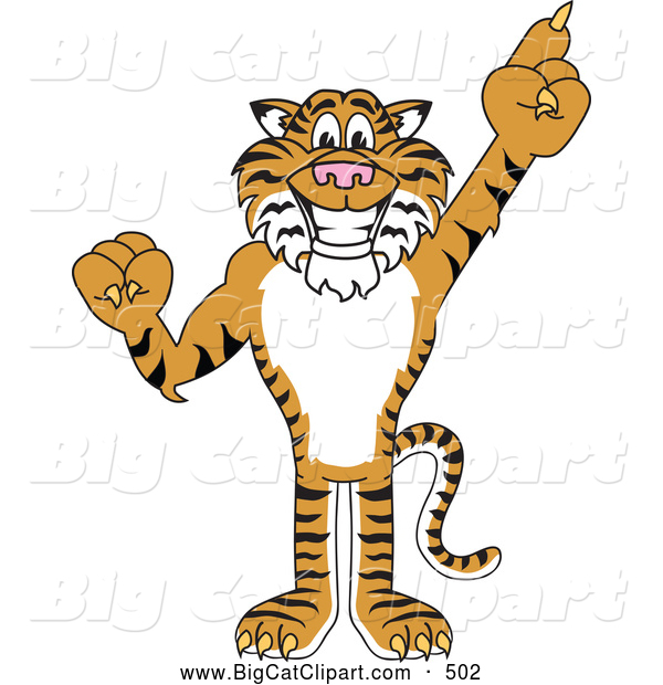 Big Cat Cartoon Vector Clipart of a Cheerful Tiger Character School Mascot Pointing up