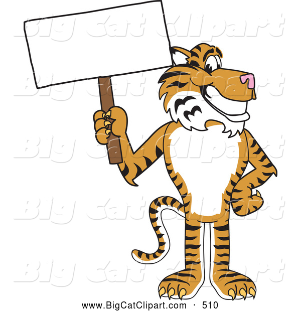 Big Cat Cartoon Vector Clipart of a Cheerful Tiger Character School Mascot with a Blank Sign