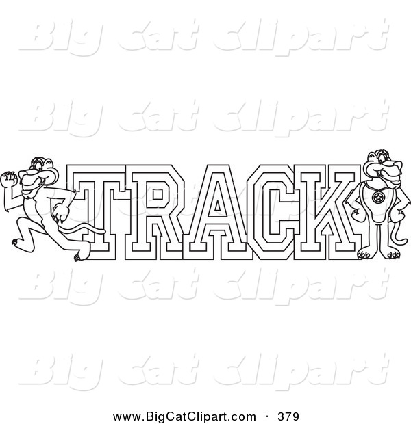 Big Cat Cartoon Vector Clipart of a Coloring Page Outline Design of a Panther Character Mascot with Track Text