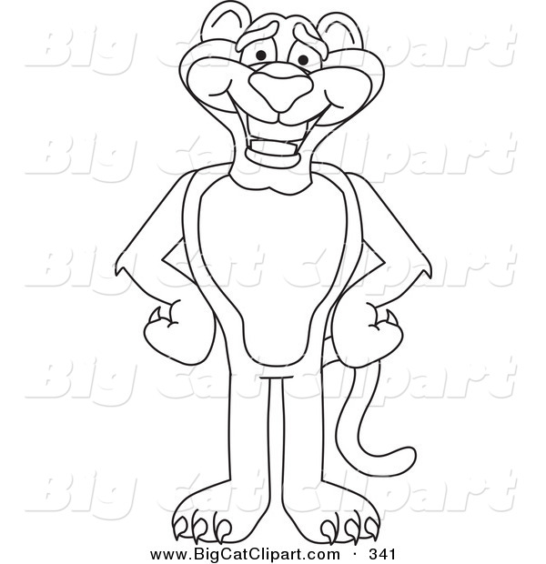 Big Cat Cartoon Vector Clipart of a Coloring Page Outline of a Happy Panther Character Mascot
