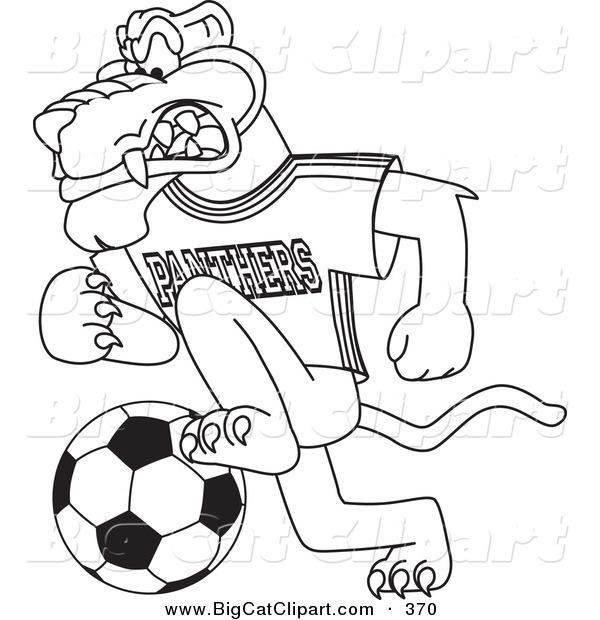Big Cat Cartoon Vector Clipart of a Coloring Page Outline of a Panther Character Mascot Playing Soccer