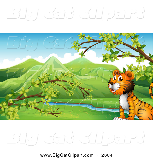 Big Cat Cartoon Vector Clipart of a Cropped Tiger Sitting by a Creek