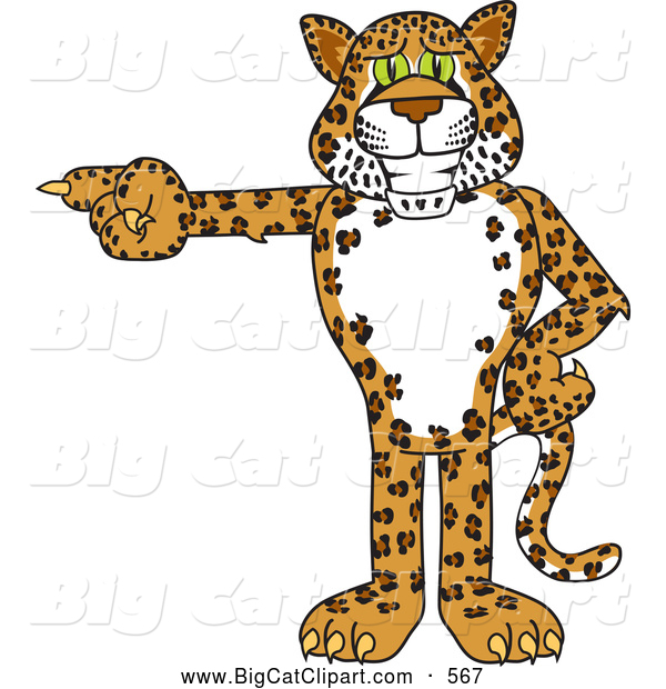 Big Cat Cartoon Vector Clipart of a Cute Cheetah, Jaguar or Leopard Character School Mascot Pointing Left