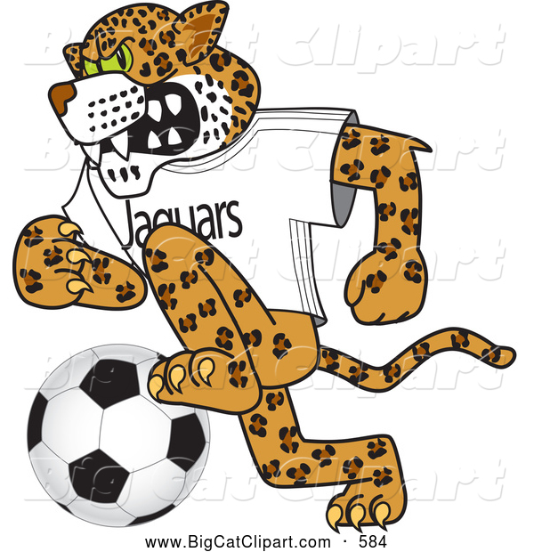 Big Cat Cartoon Vector Clipart of a Cute Jaguar Character School Mascot Playing Soccer