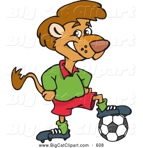 Big Cat Cartoon Vector Clipart of a Cute Lion Resting His Foot on a Soccer Ball