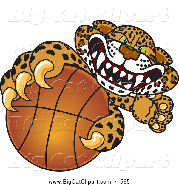 Big Cat Cartoon Vector Clipart of a Ferocious Cheetah, Jaguar or Leopard Character School Mascot Grabbing a Basketball