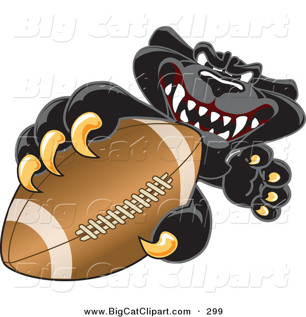 Big Cat Cartoon Vector Clipart of a Fierce Black Jaguar Mascot Character Grabbing a Football