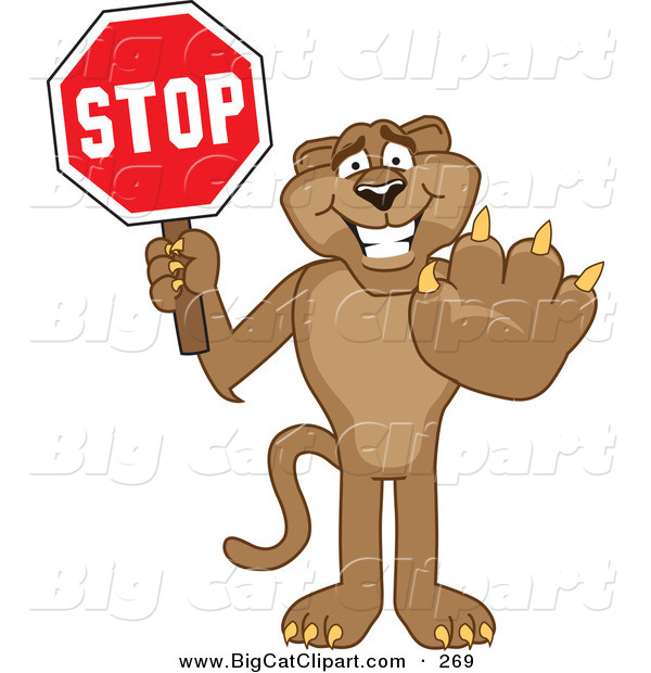 Big Cat Cartoon Vector Clipart of a Friendly Cougar Mascot Character Holding a Stop Sign