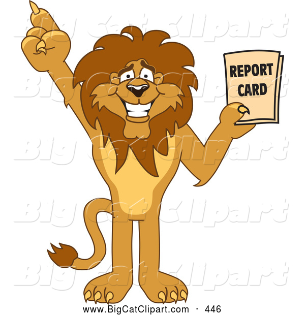Big Cat Cartoon Vector Clipart of a Friendly Lion Character Mascot Holding a Good Report Card