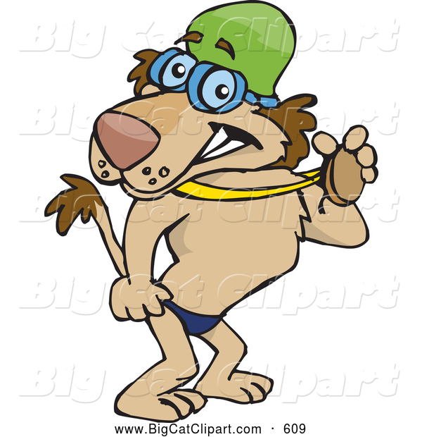 Big Cat Cartoon Vector Clipart of a Friendly Swimmer Lion Showing off His Medal