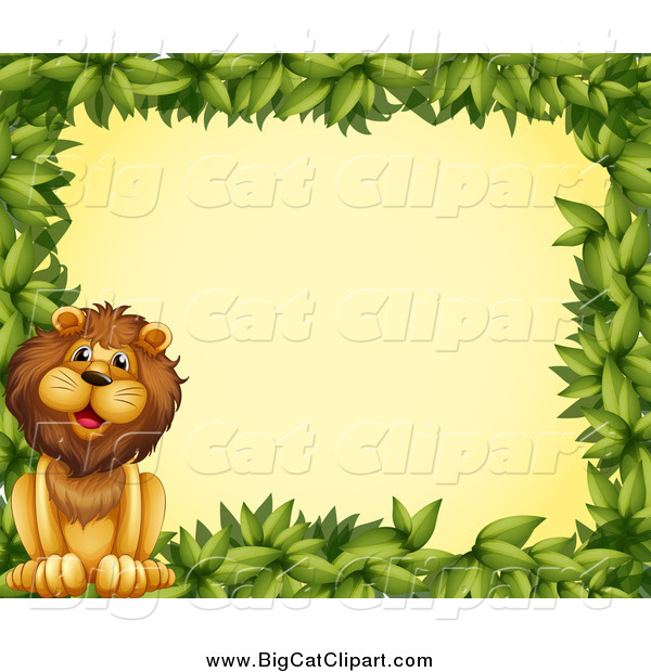 Big Cat Cartoon Vector Clipart of a Green Leaf Border and a Lion over Yellow