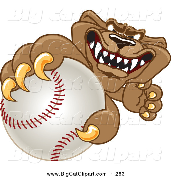 Big Cat Cartoon Vector Clipart of a Grinning Cougar Mascot Character Grabbing a Baseball