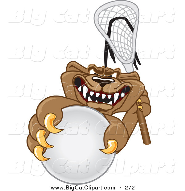 Big Cat Cartoon Vector Clipart of a Grinning Cougar Mascot Character Grabbing a Lacrosse Ball