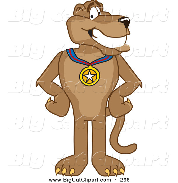 Big Cat Cartoon Vector Clipart of a Grinning Cougar Mascot Character Wearing a Medal