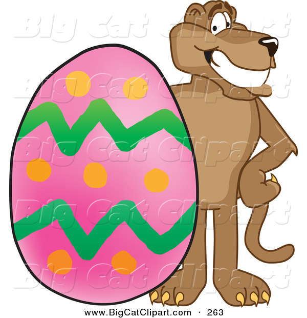 Big Cat Cartoon Vector Clipart of a Grinning Cougar Mascot Character with an Easter Egg