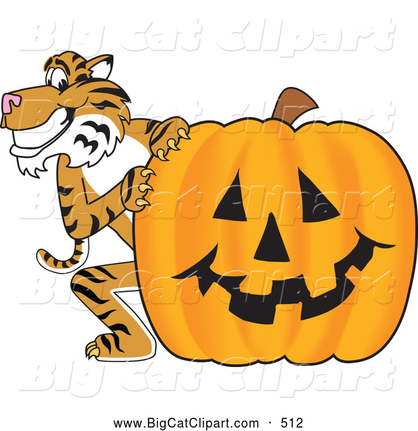 Big Cat Cartoon Vector Clipart of a Grinning Tiger Character School Mascot with a Halloween Pumpkin