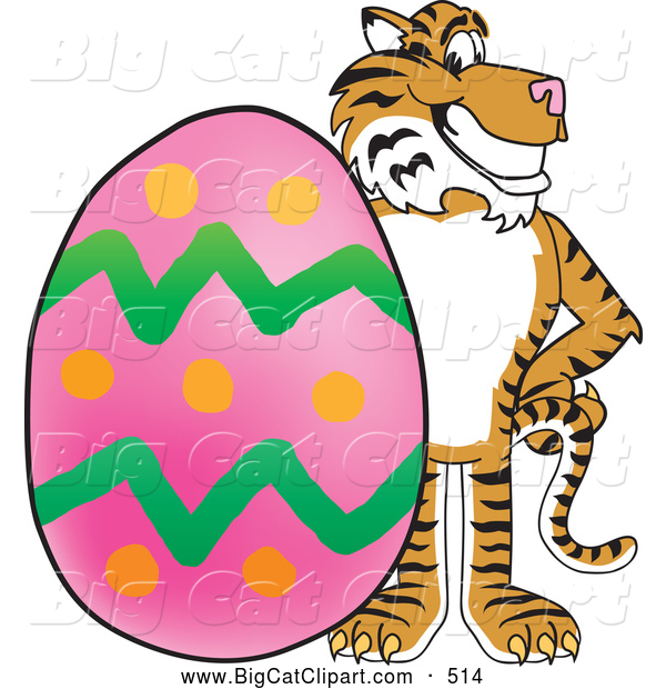 Big Cat Cartoon Vector Clipart of a Grinning Tiger Character School Mascot with an Easter Egg