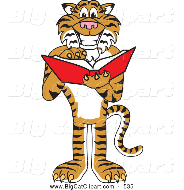 Big Cat Cartoon Vector Clipart of a Happy and Outgoing Tiger Character School Mascot Reading